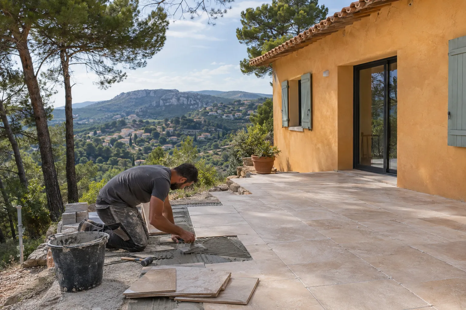 Une maison de village d’Allauch avec une terrasse carrelée de dalles beiges, collines et pins à l’arrière-plan.