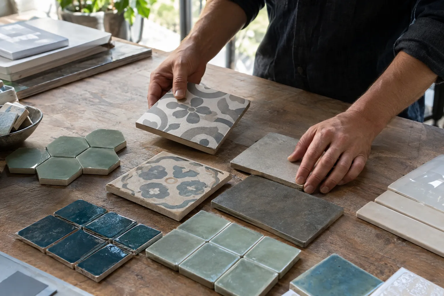 Des échantillons de carreaux de matières et de formats variés alignés sur une table, dans une salle d’exposition lumineuse.