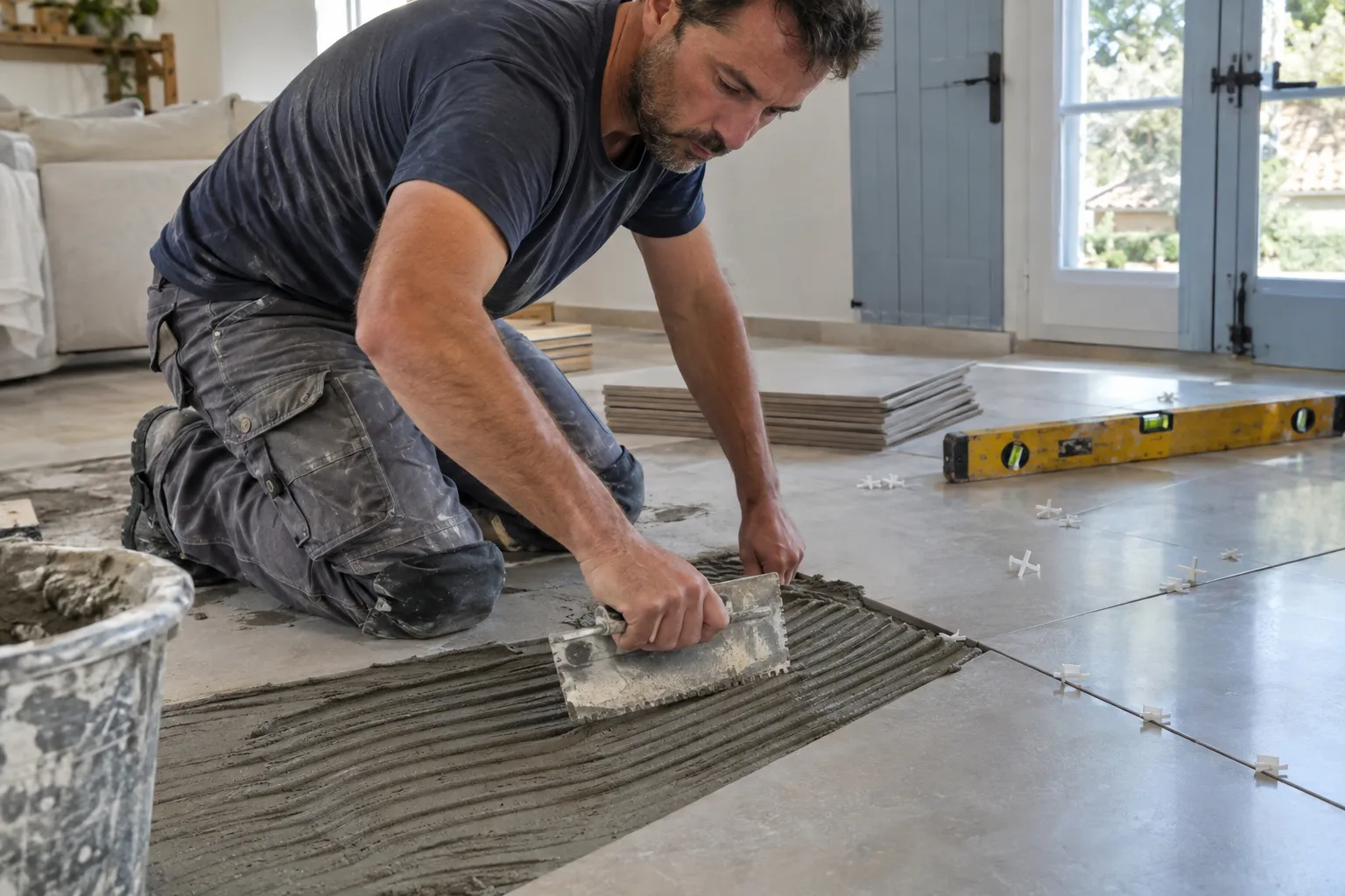 Un carreleur colle un carreau au sol d’un salon, truelle crantée en main, calepinage tracé à la craie.