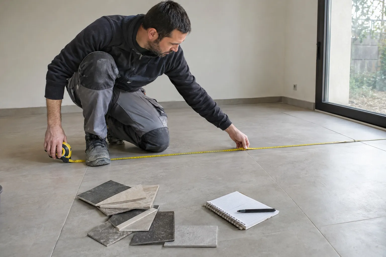 Un carreleur mesure un sol avec un mètre ruban, des échantillons de carreaux et un carnet de devis posés à côté.