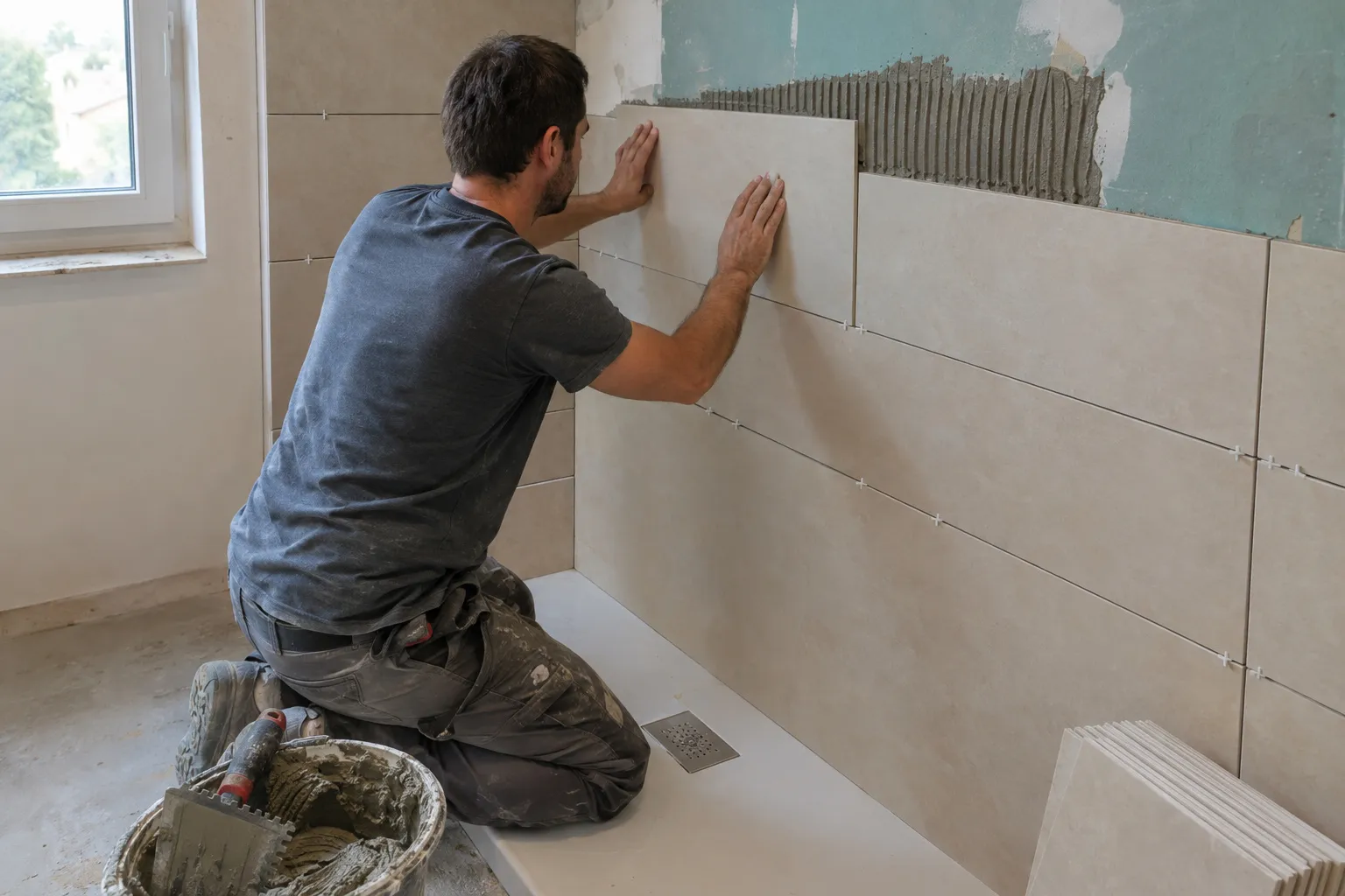 Un carreleur pose de la faïence dans une douche à l’italienne, avec le receveur carrelé et l’étanchéité visibles.